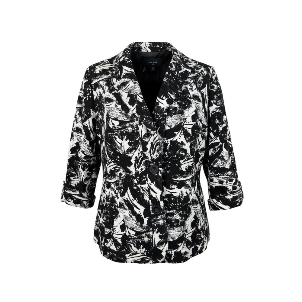 Coldwater Creek Size 16 Black White Abstract Cotton Blazer Jacket 3/4 Sleeve
